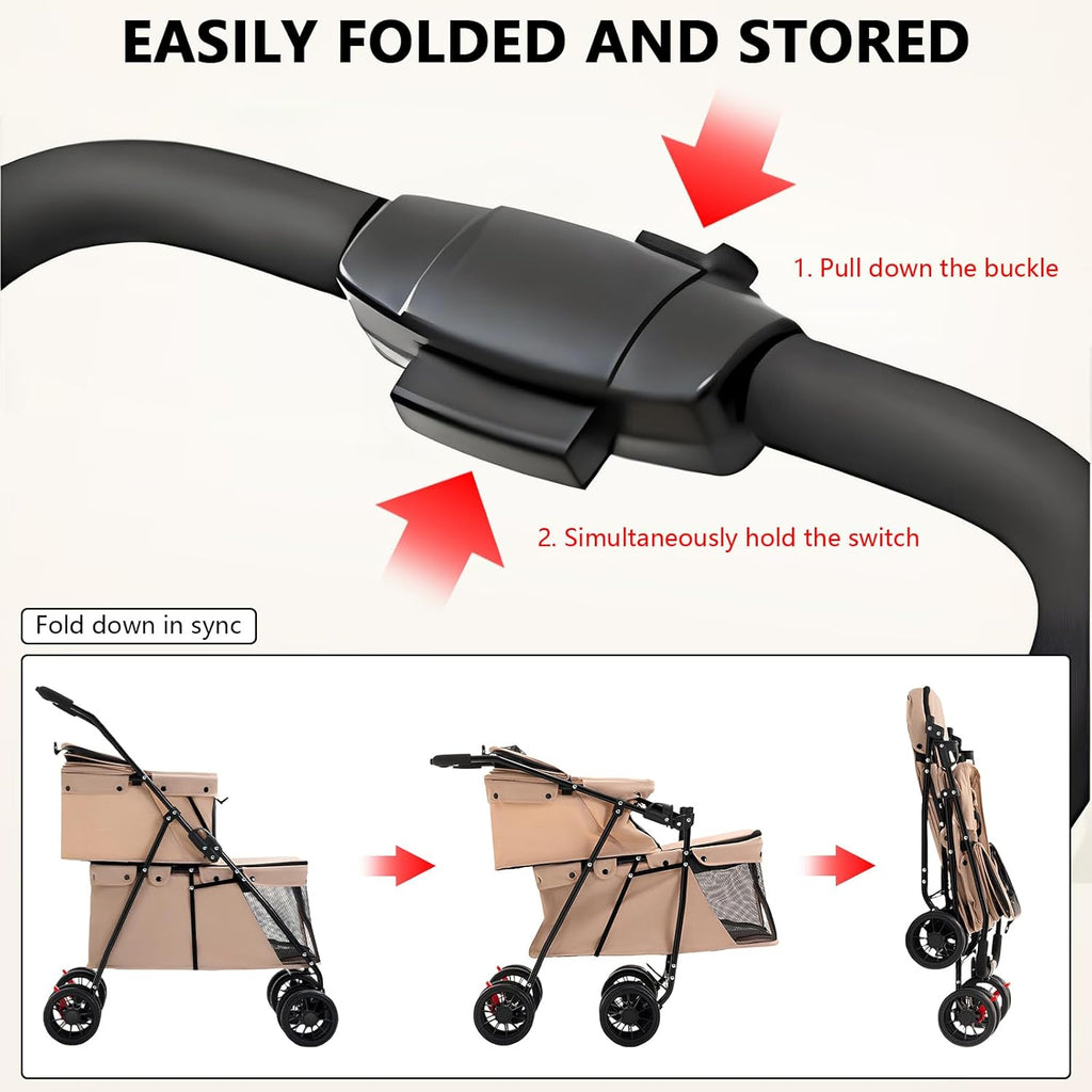 Double Pet Stroller + Foldable Beige Linen Breathable Design
