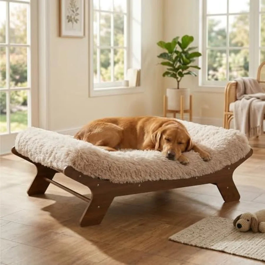 Wood Elevated Dog Bed Frame for Pets Up to 80 lbs          and Egg Crate Foam Mattress Luxurious Suitable f Walnut L