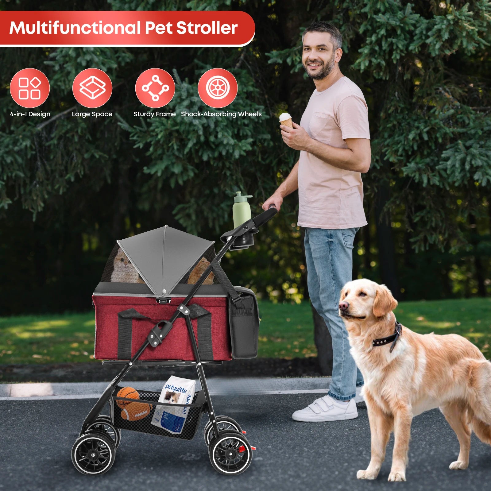 2-in-1 Foldable 4-Wheel Pet Stroller