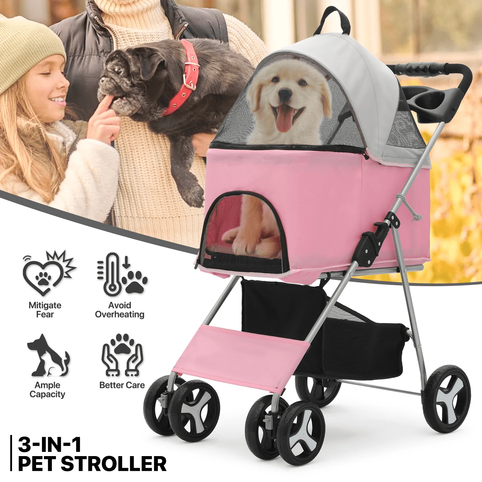 3-in-1 Dog Stroller Foldable Detachable Carrier,