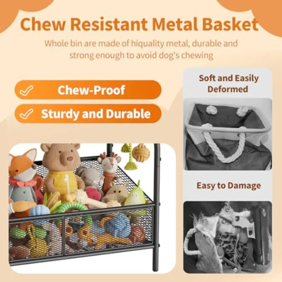 Full Metal Dog Toy Basket 23.6"x11.2"x7.9" Large Dogs Toy Bin with Storage Organizer Chew-Resistant Toy Box for Dog Stuff Acces