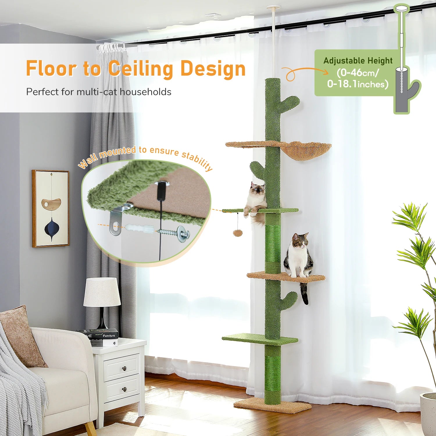 Cat Tree 5-Tier Floor to Ceiling Tower for indoor cats