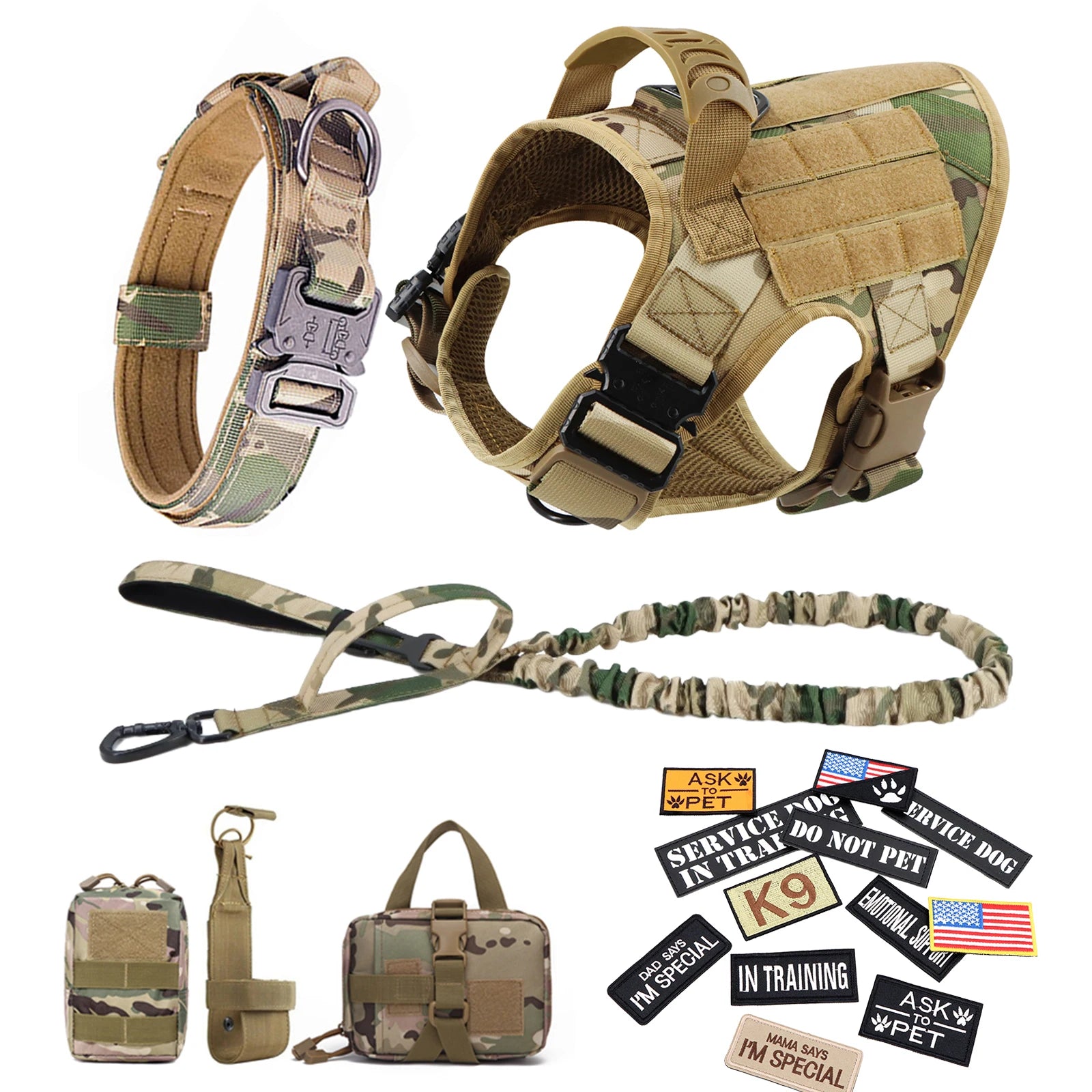 Military Large Dog Harness/Collar with Leash Bags and Training Vest