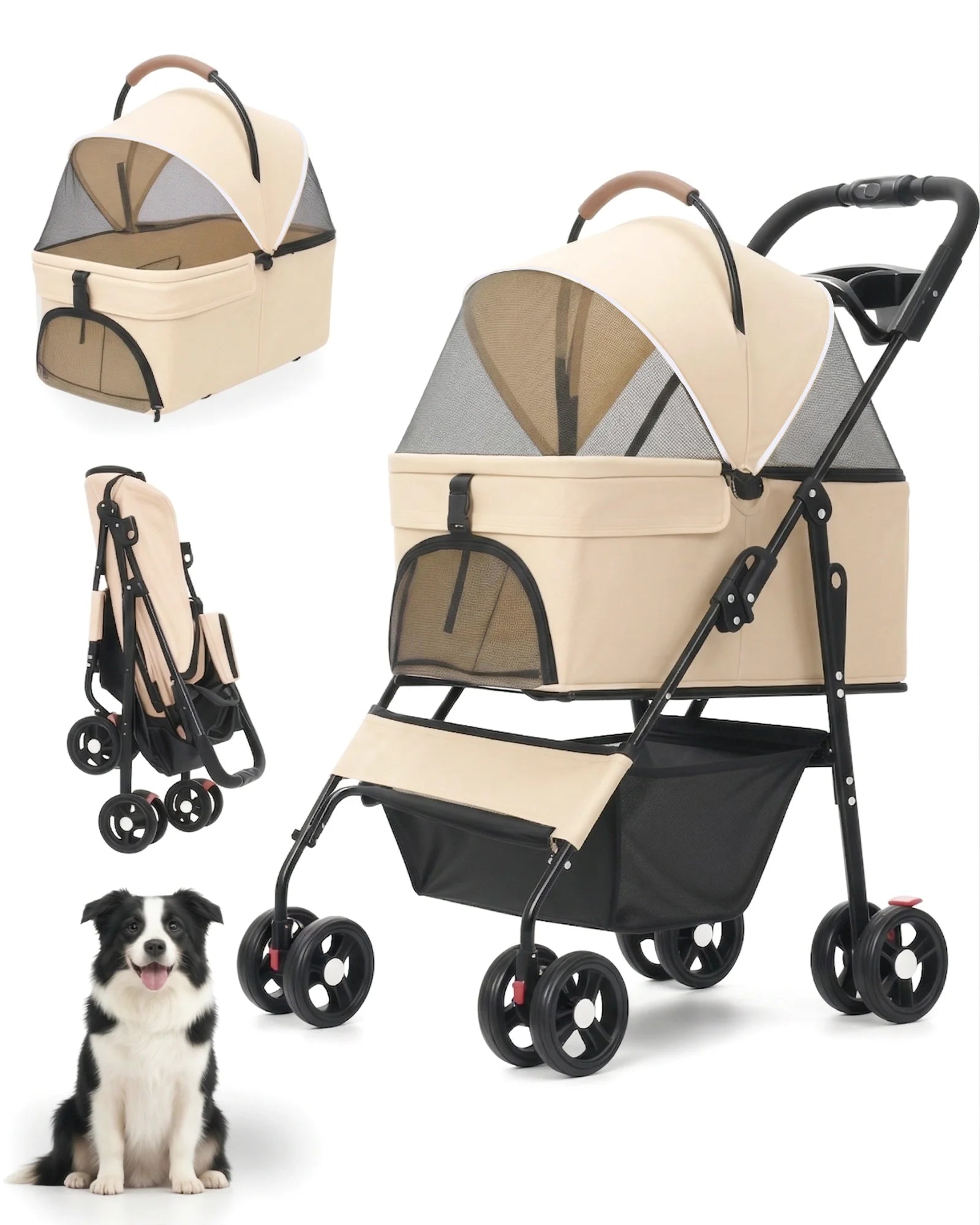 2-in-1 Foldable Pet Stroller with Detachable Carrier