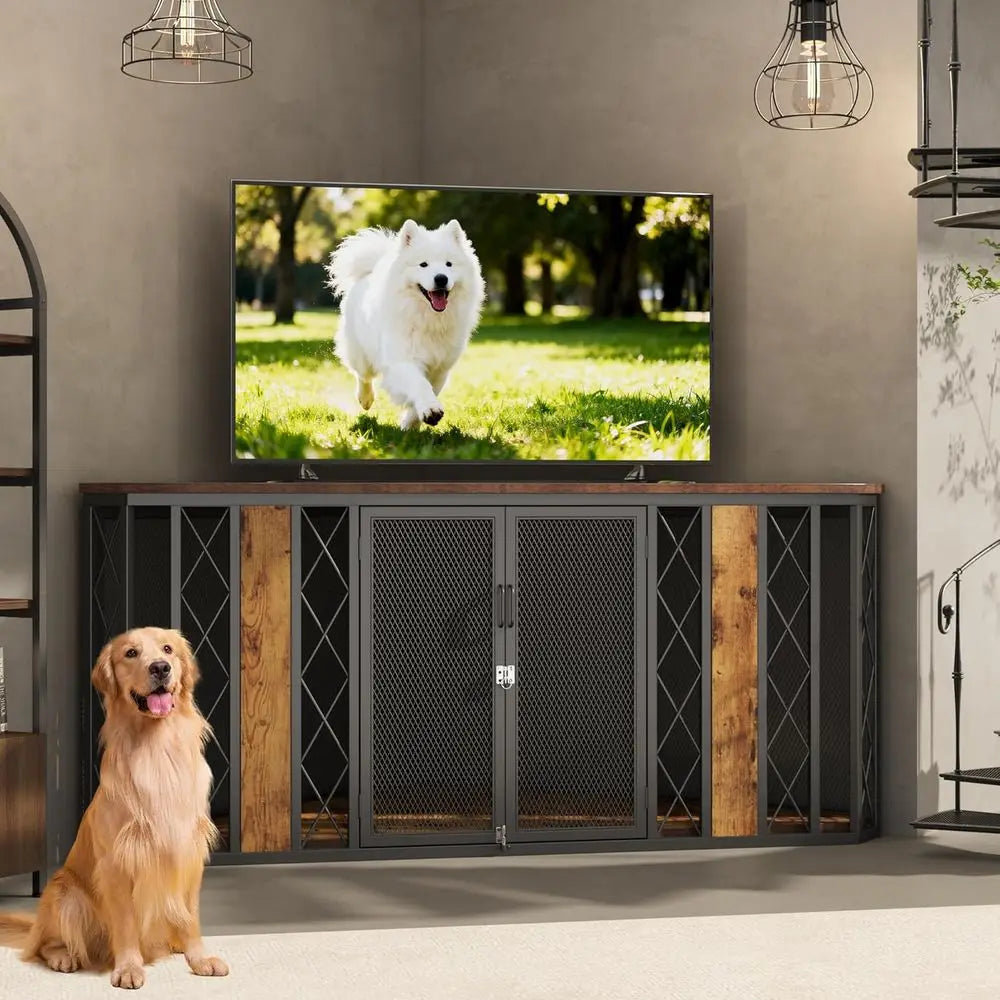 67" Corner Wooden Dog Crate Furniture with Diamond Metal Decoration,