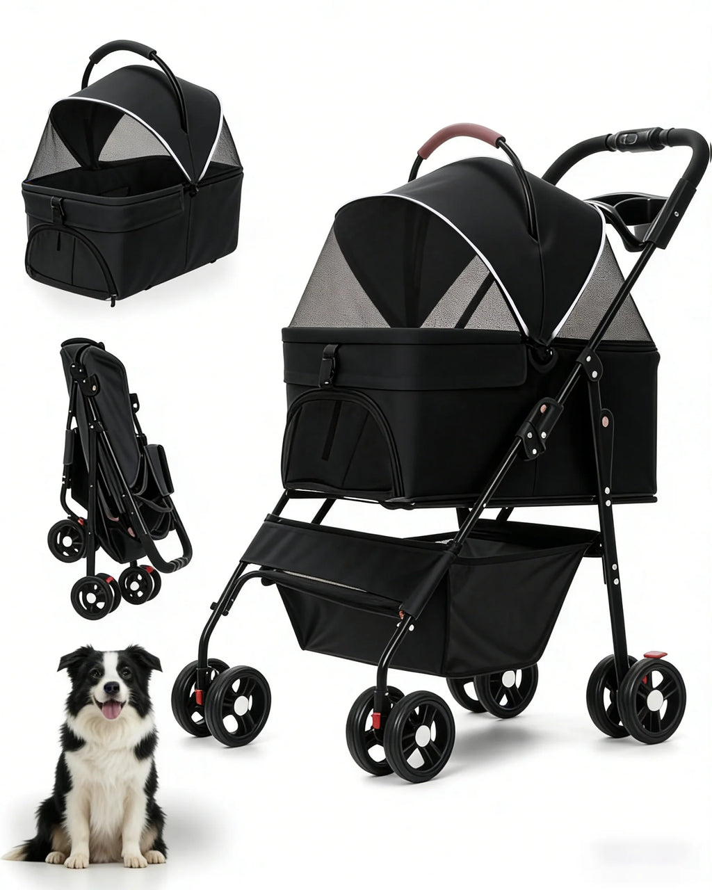 2-in-1 Foldable Pet Stroller with Detachable Carrier