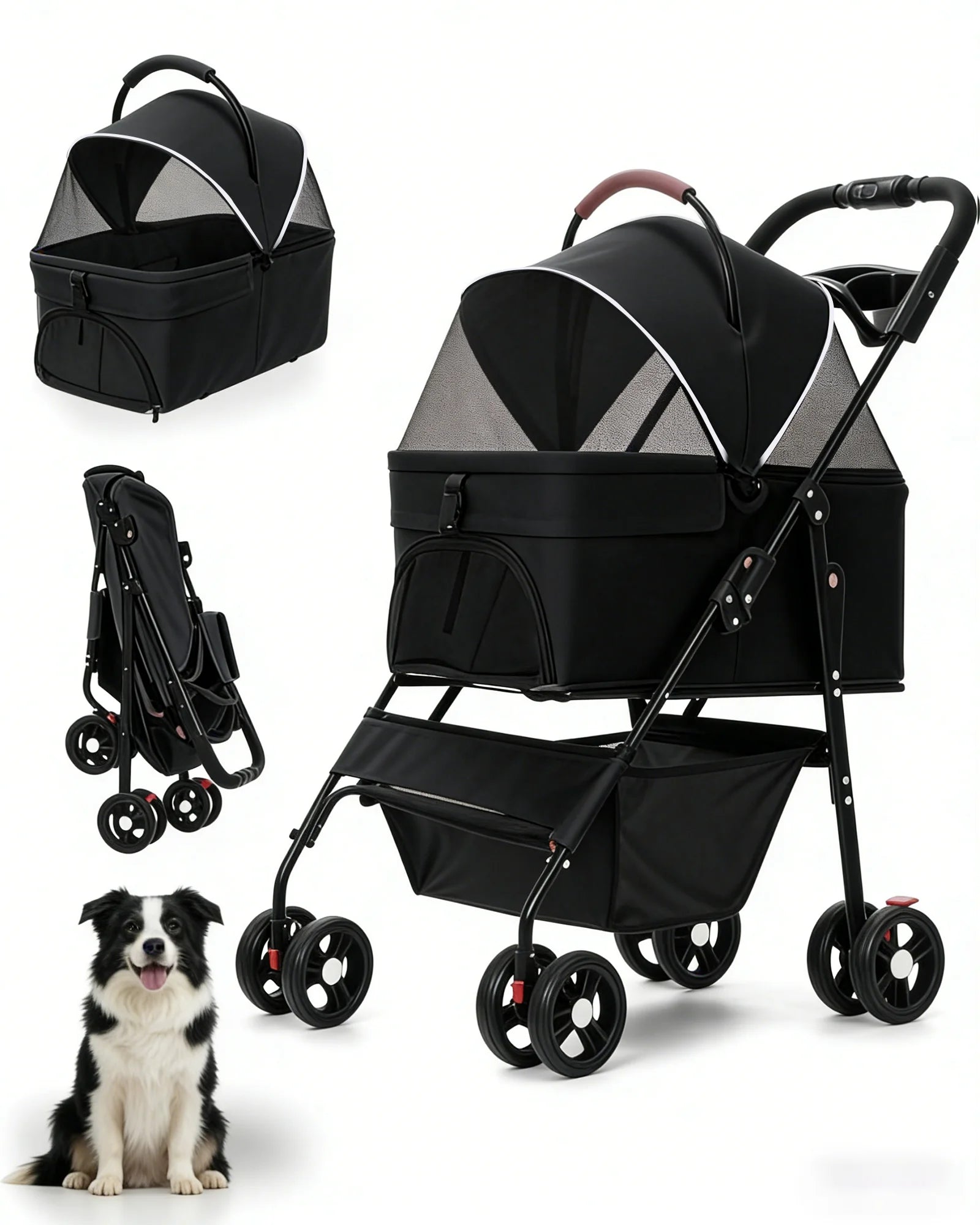 2-in-1 Foldable Pet Stroller with Detachable Carrier