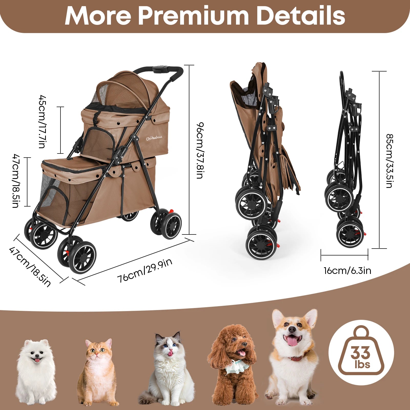 Double Pet Stroller with Detachable Carriers