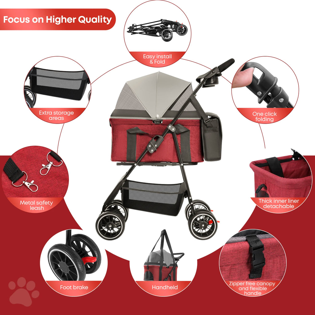 2-in-1 Foldable 4-Wheel Pet Stroller