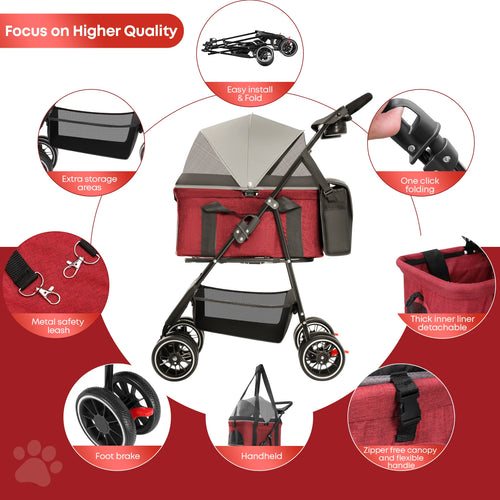 2-in-1 Foldable 4-Wheel Pet Stroller