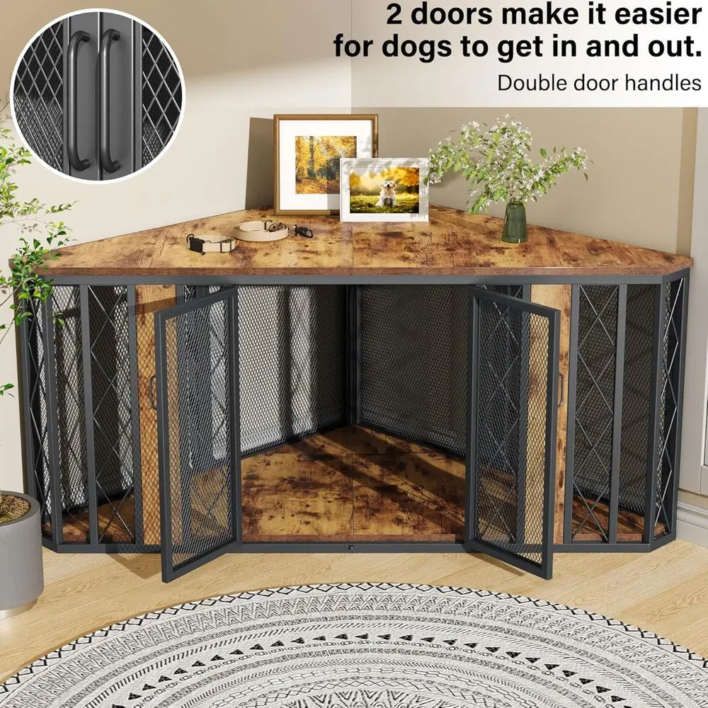 67" Corner Wooden Dog Crate Furniture with Diamond Metal Decoration,