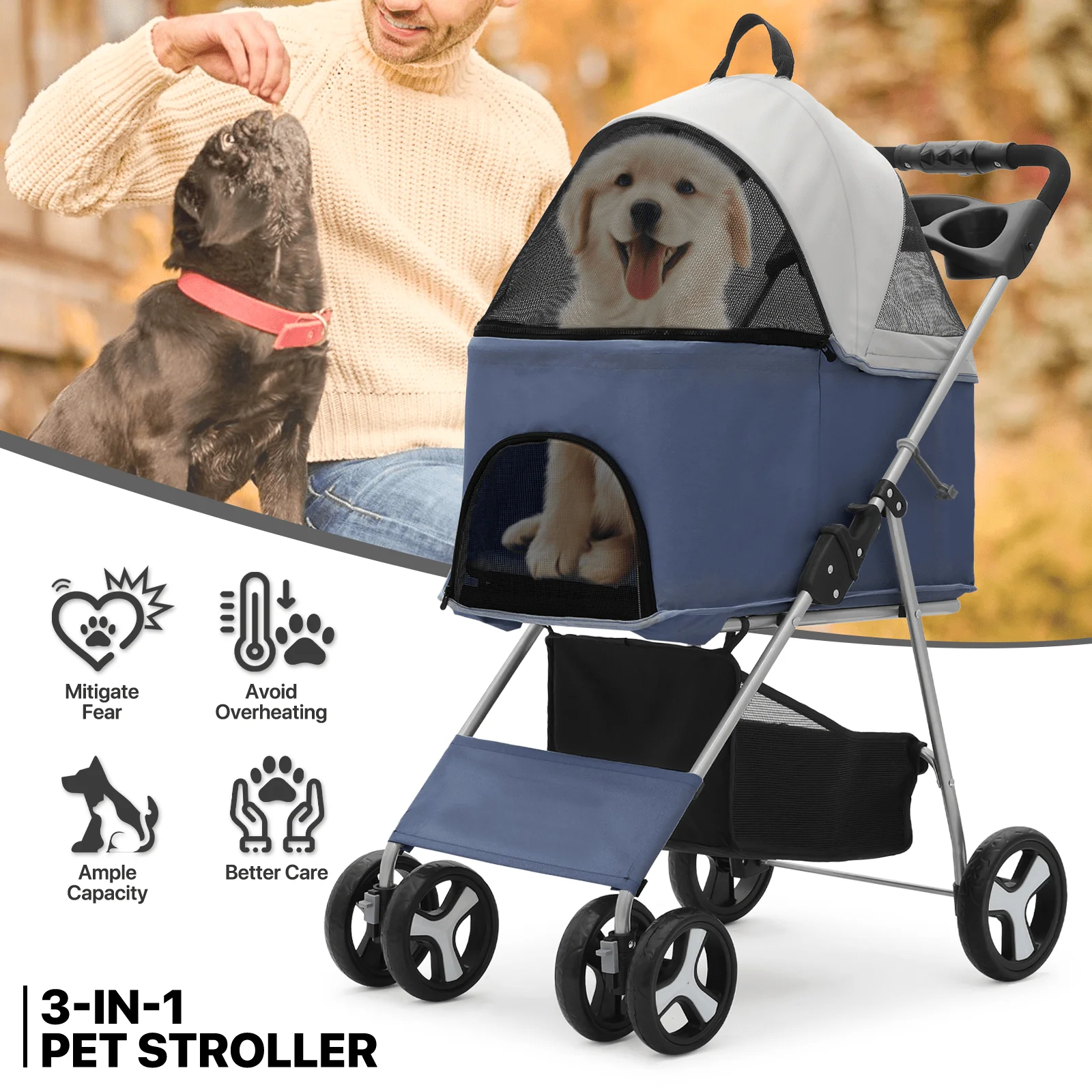 3-in-1 Dog Stroller Foldable Detachable Carrier,