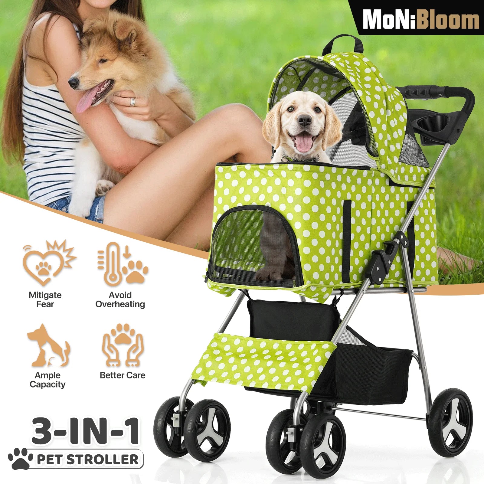 3-in-1 Dog Stroller Foldable Detachable Carrier,