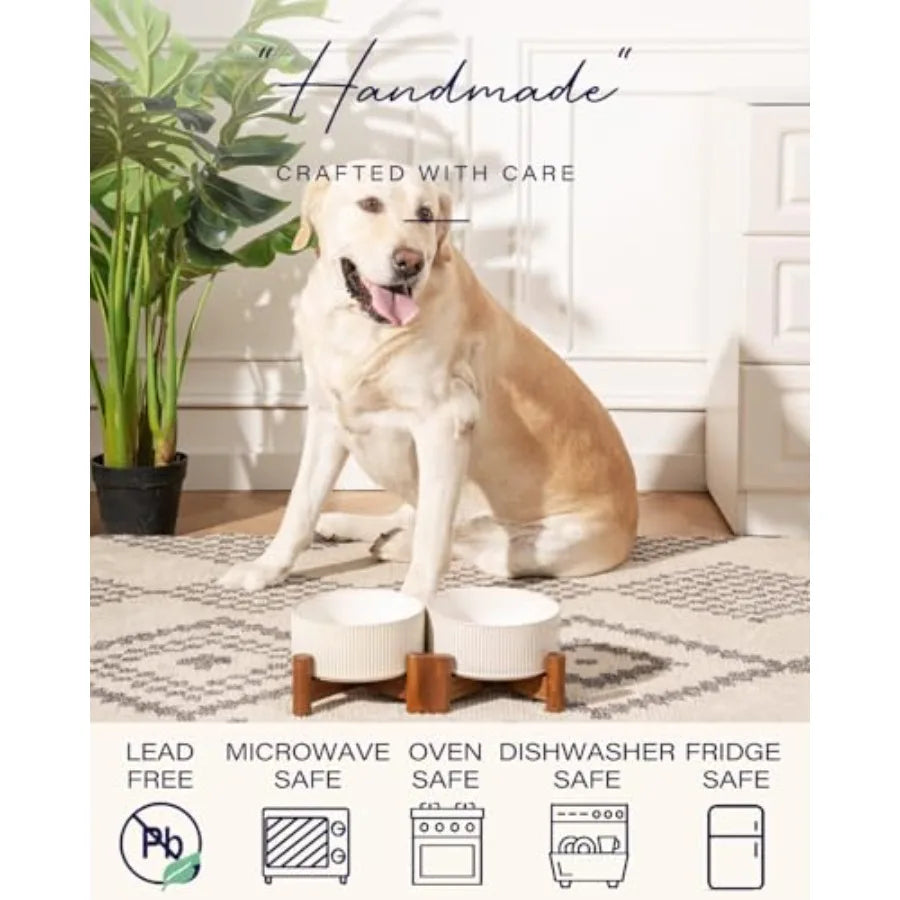 Ceramic Dog Bowls Set with Acacia Wood Stand
