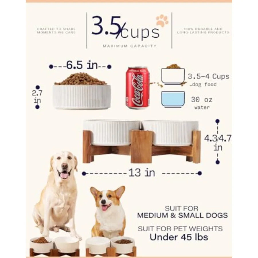 Ceramic Dog Bowls Set with Acacia Wood Stand