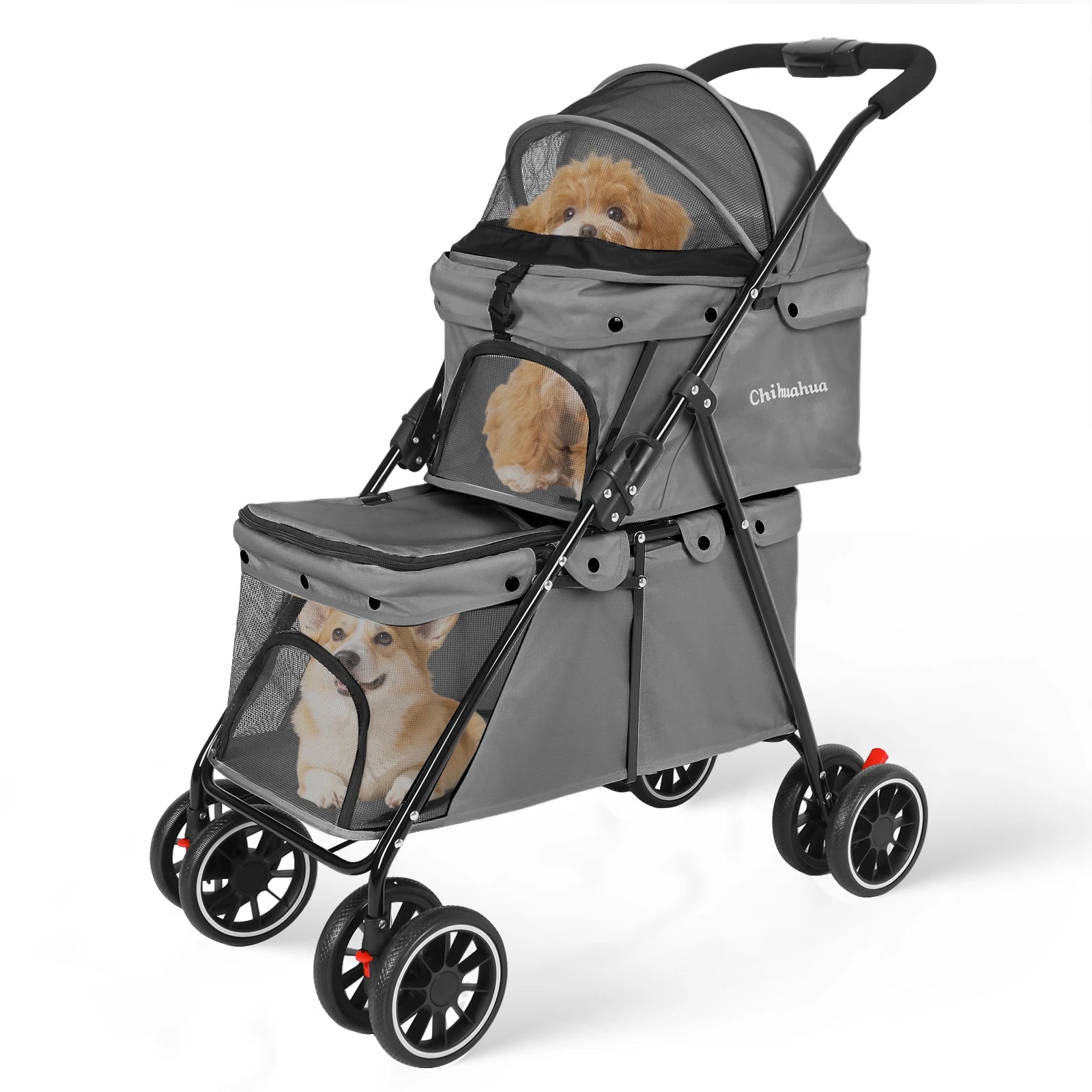 Double Pet Stroller with Detachable Carriers