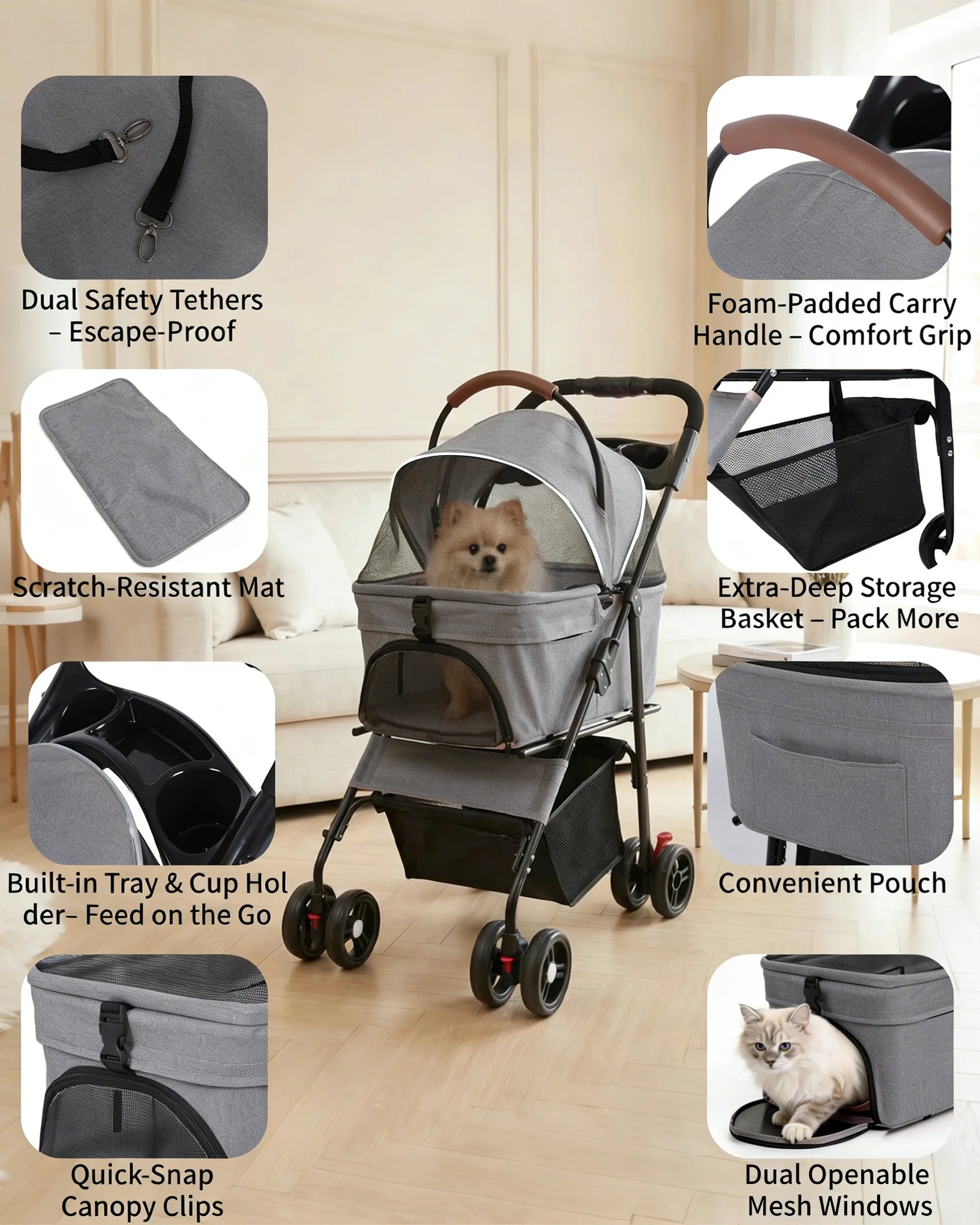 2-in-1 Foldable Pet Stroller with Detachable Carrier