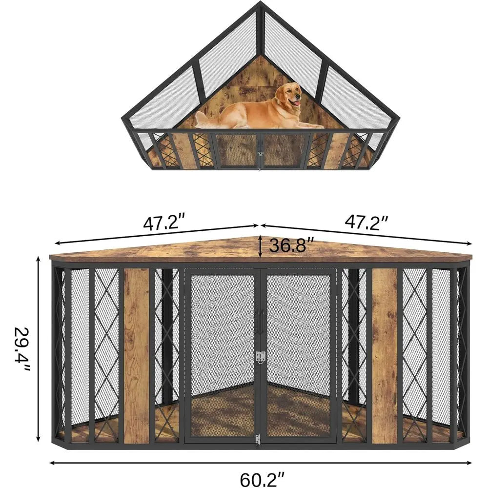 67" Corner Wooden Dog Crate Furniture with Diamond Metal Decoration,