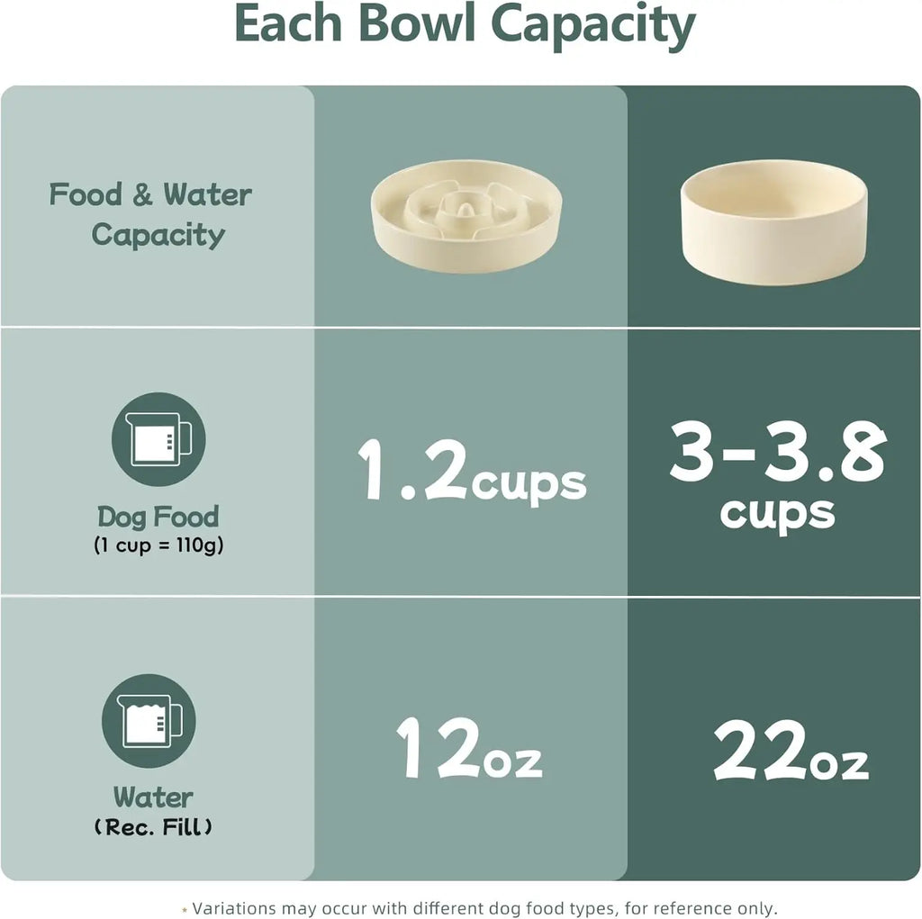 Ceramic Raised Slow Feeder Dog Bowl Set with Wooden Stand