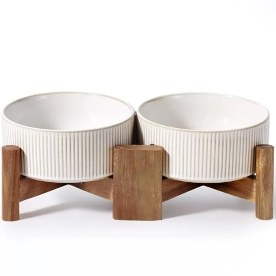 Ceramic Dog Bowls Set with Acacia Wood Stand