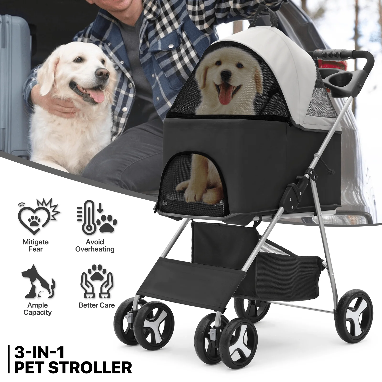 3-in-1 Dog Stroller Foldable Detachable Carrier,