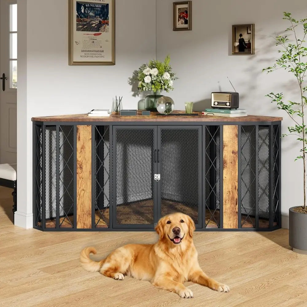 67" Corner Wooden Dog Crate Furniture with Diamond Metal Decoration,