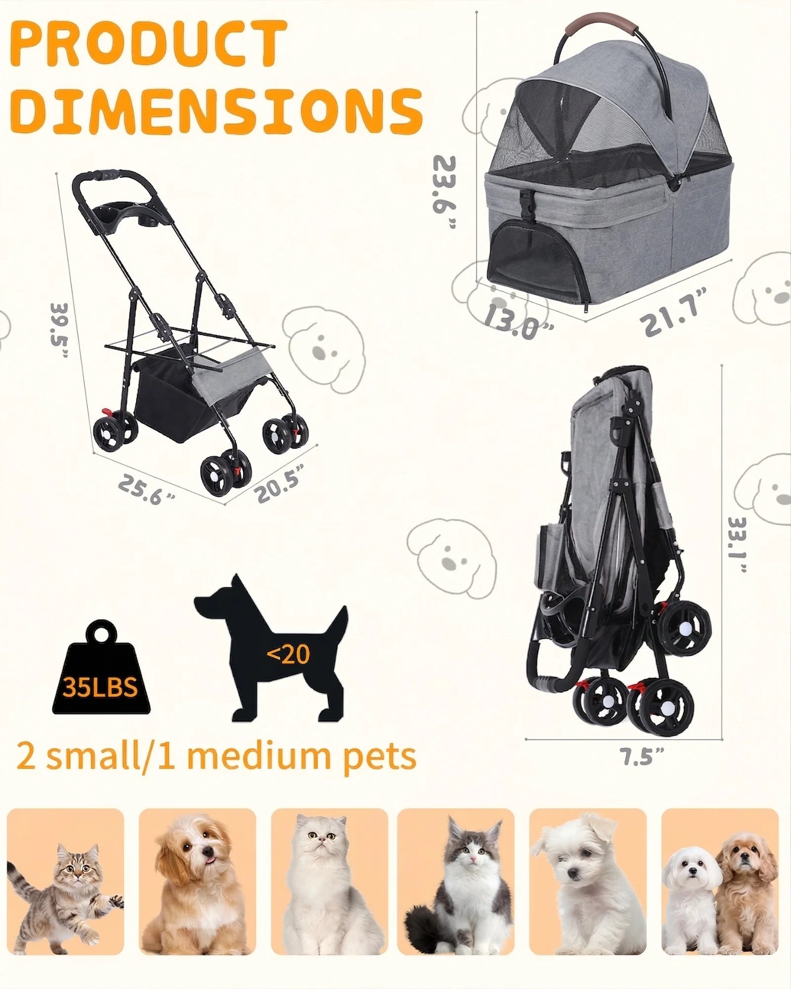 2-in-1 Foldable Pet Stroller with Detachable Carrier