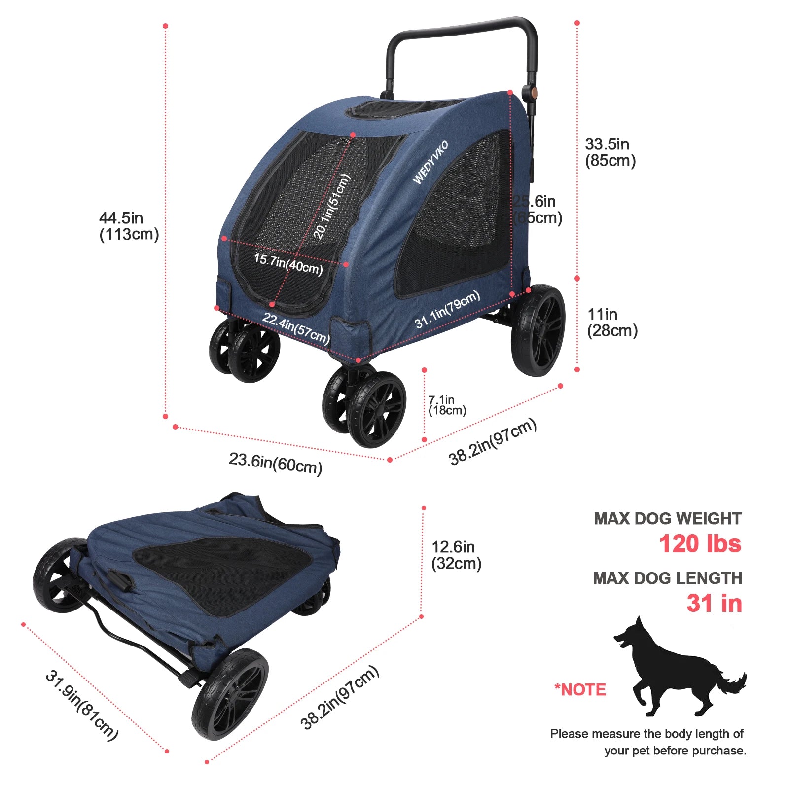 Heavy Duty Dog Stroller for Large Dogs up to 120 lbs,