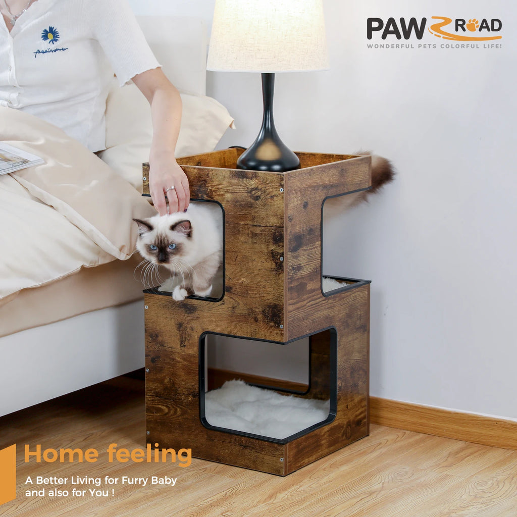 Wood Cat Condo House Bed with Removable Soft Mats s