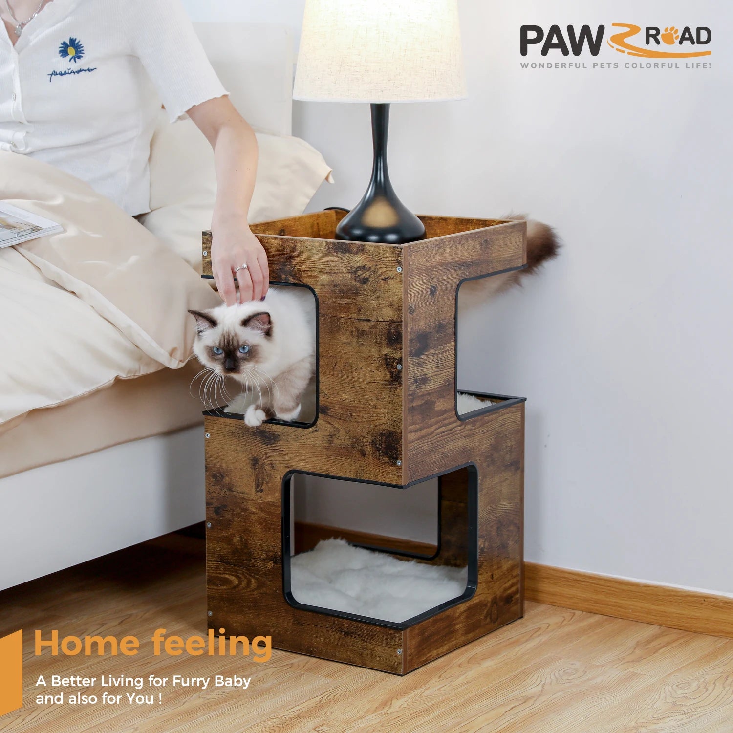Wood Cat Condo House Bed with Removable Soft Mats s