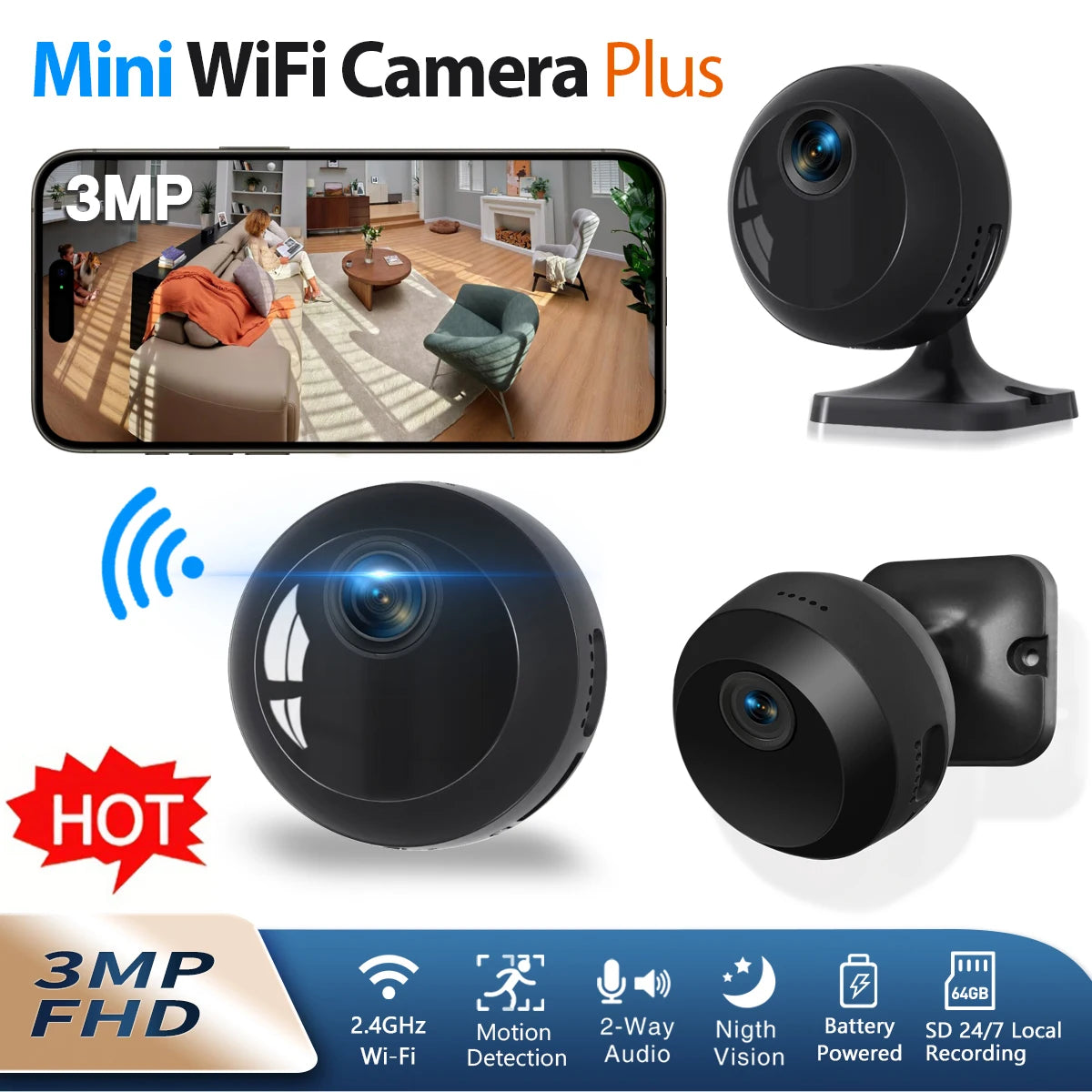 Wi-Fi mini security camera, mobile app, and motion detection