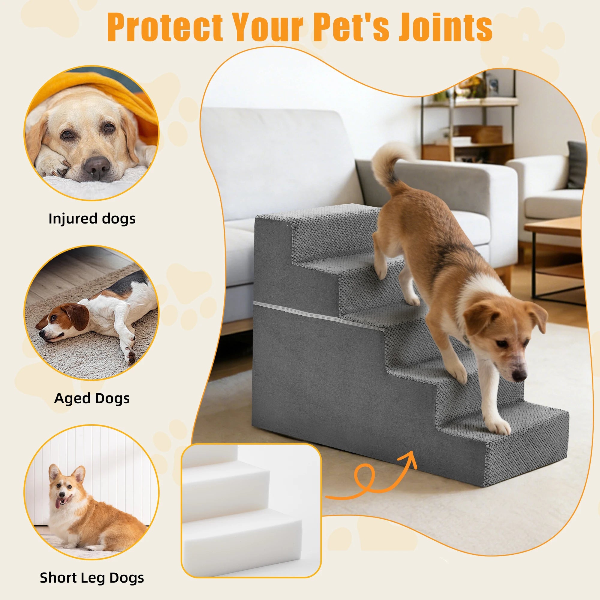 JHK 3-5 Step Right Angled Foam Dog Stairs Ramp