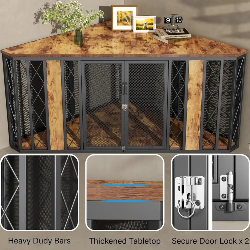 67" Corner Wooden Dog Crate Furniture with Diamond Metal Decoration,