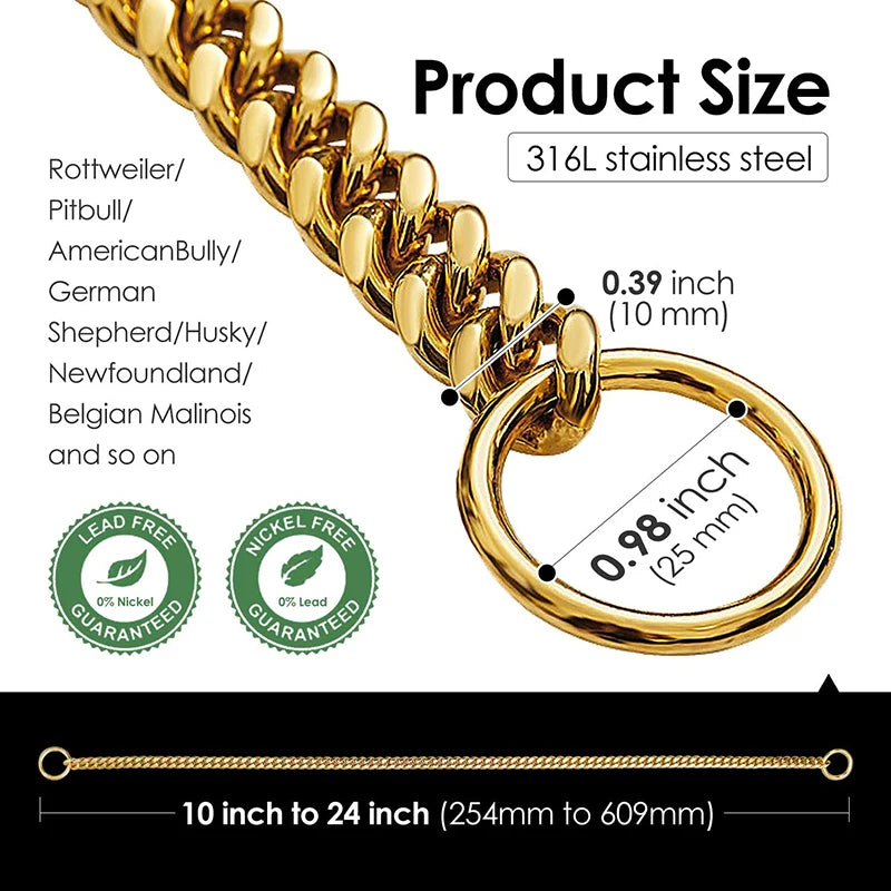 Stainless  Steel W Gold Metal Chain Collar for Large Dog