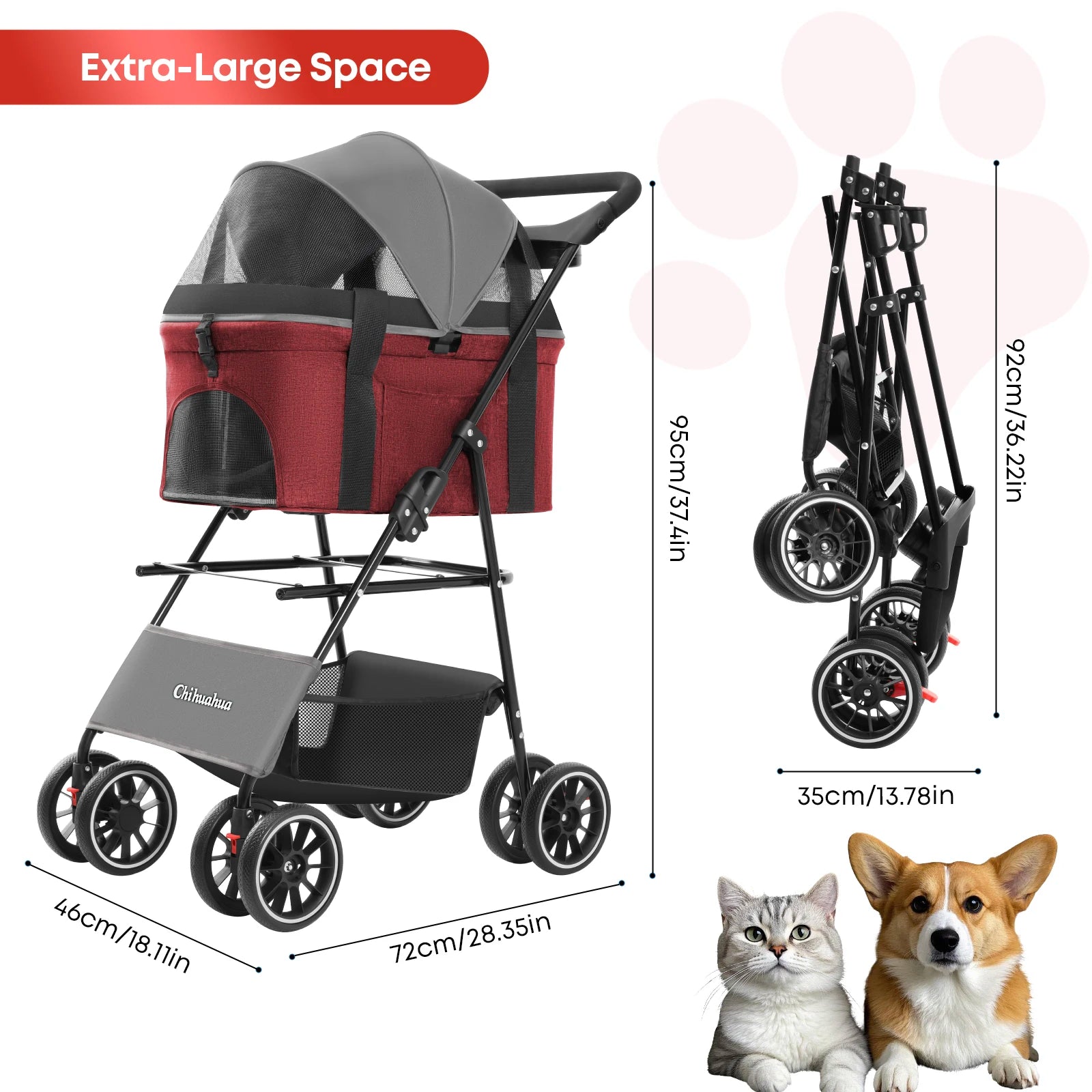 2-in-1 Foldable 4-Wheel Pet Stroller