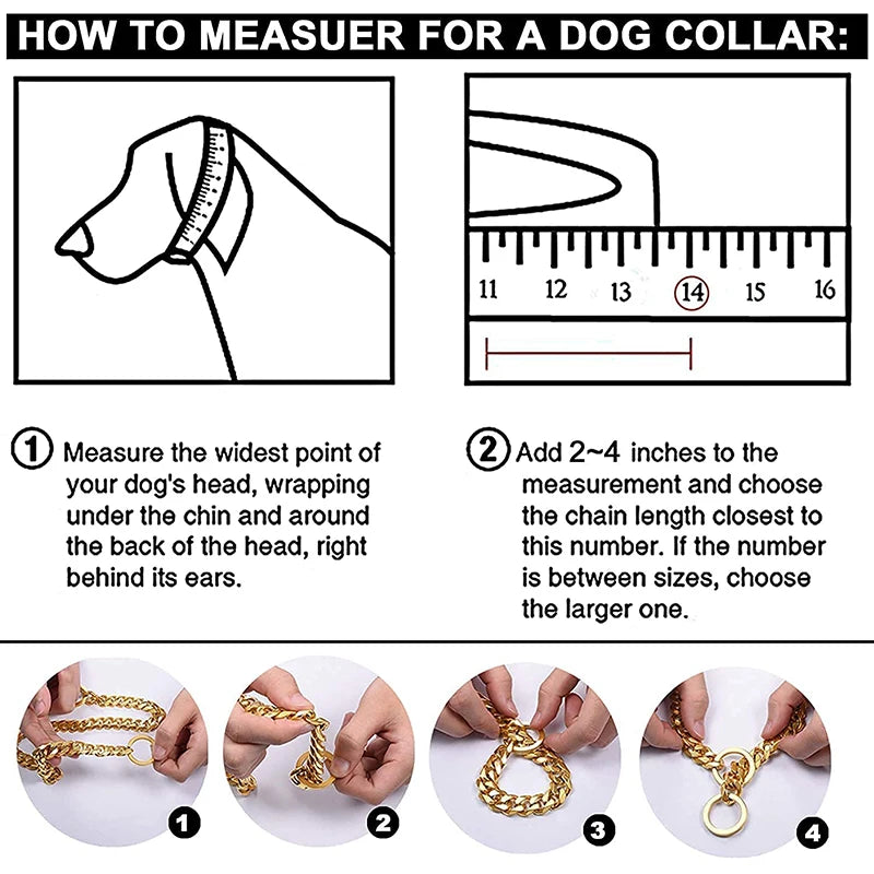 Stainless  Steel W Gold Metal Chain Collar for Large Dog