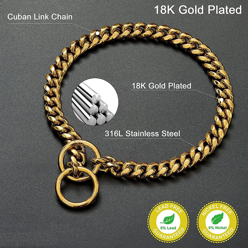 Stainless  Steel W Gold Metal Chain Collar for Large Dog