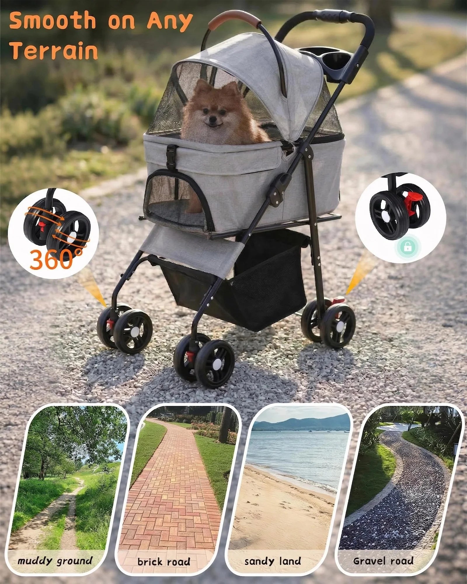 2-in-1 Foldable Pet Stroller with Detachable Carrier