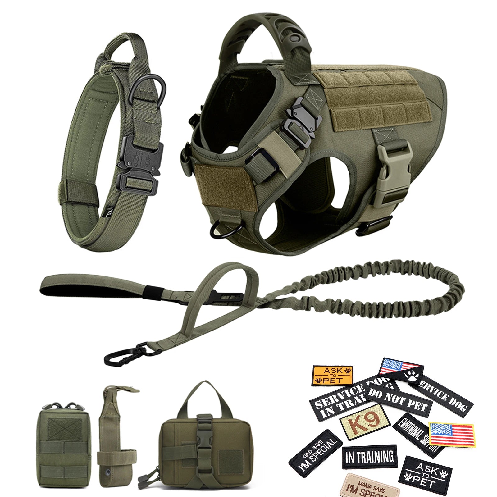 Military Large Dog Harness/Collar with Leash Bags and Training Vest