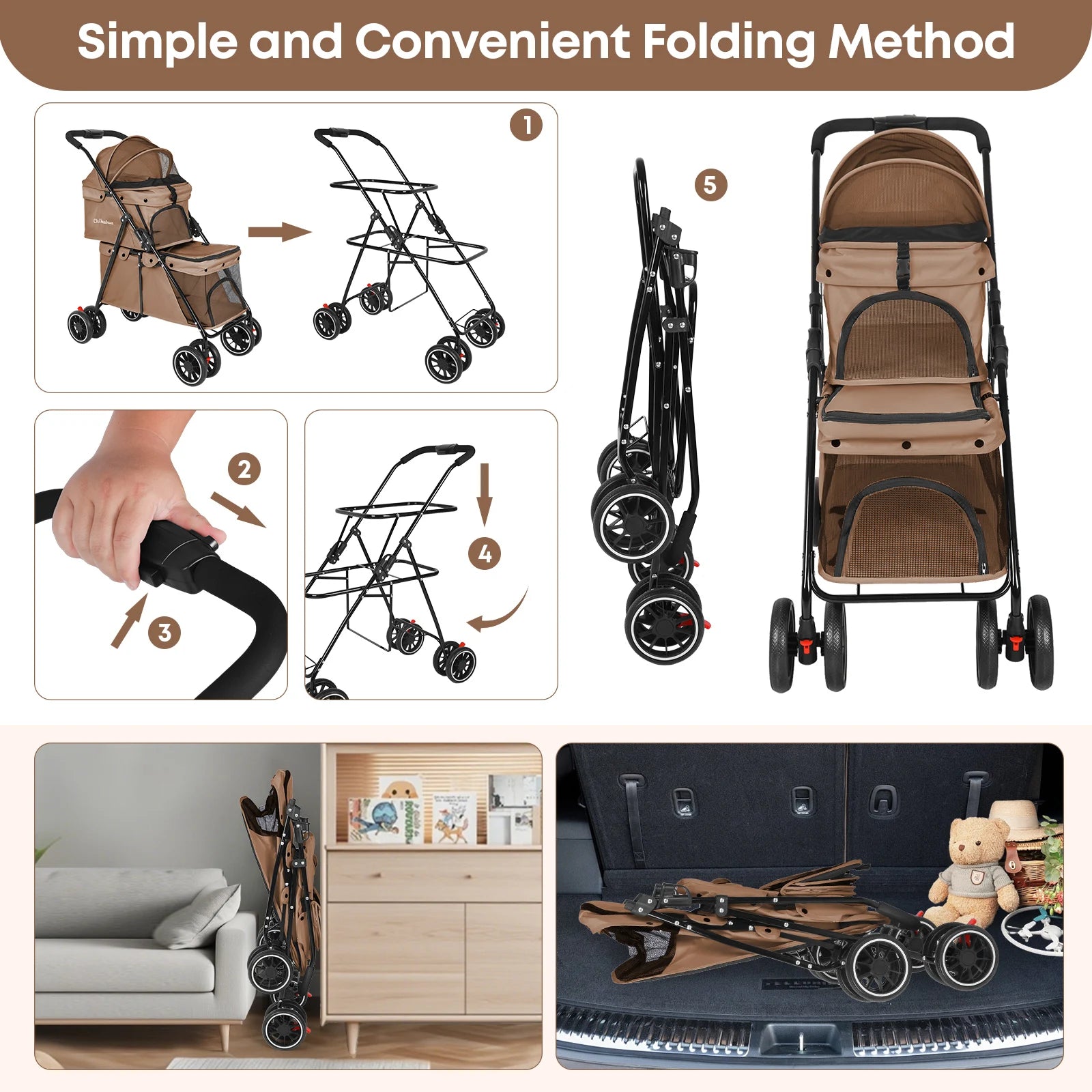 Double Pet Stroller with Detachable Carriers