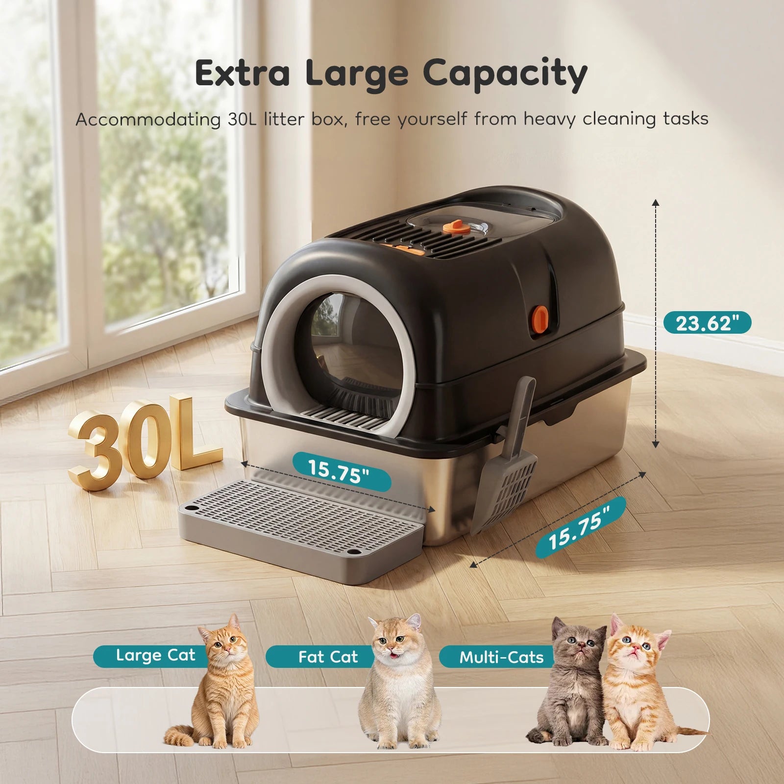 Fully Enclosed JHK 24IN Stainless Steel Cat Litter Box d