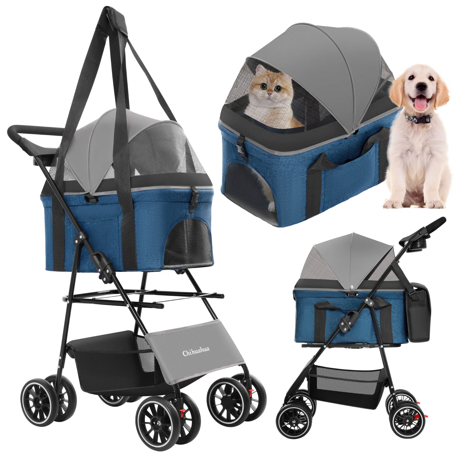 2-in-1 Foldable 4-Wheel Pet Stroller