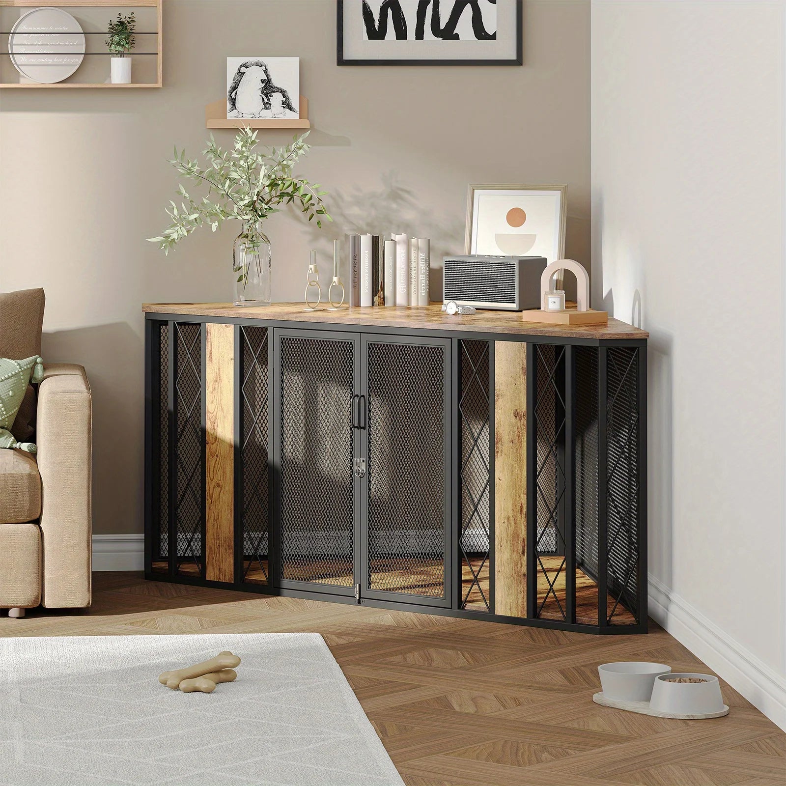 Large Decorative Dog Kennel Furniture, 66-Inch Corner Dog Crate