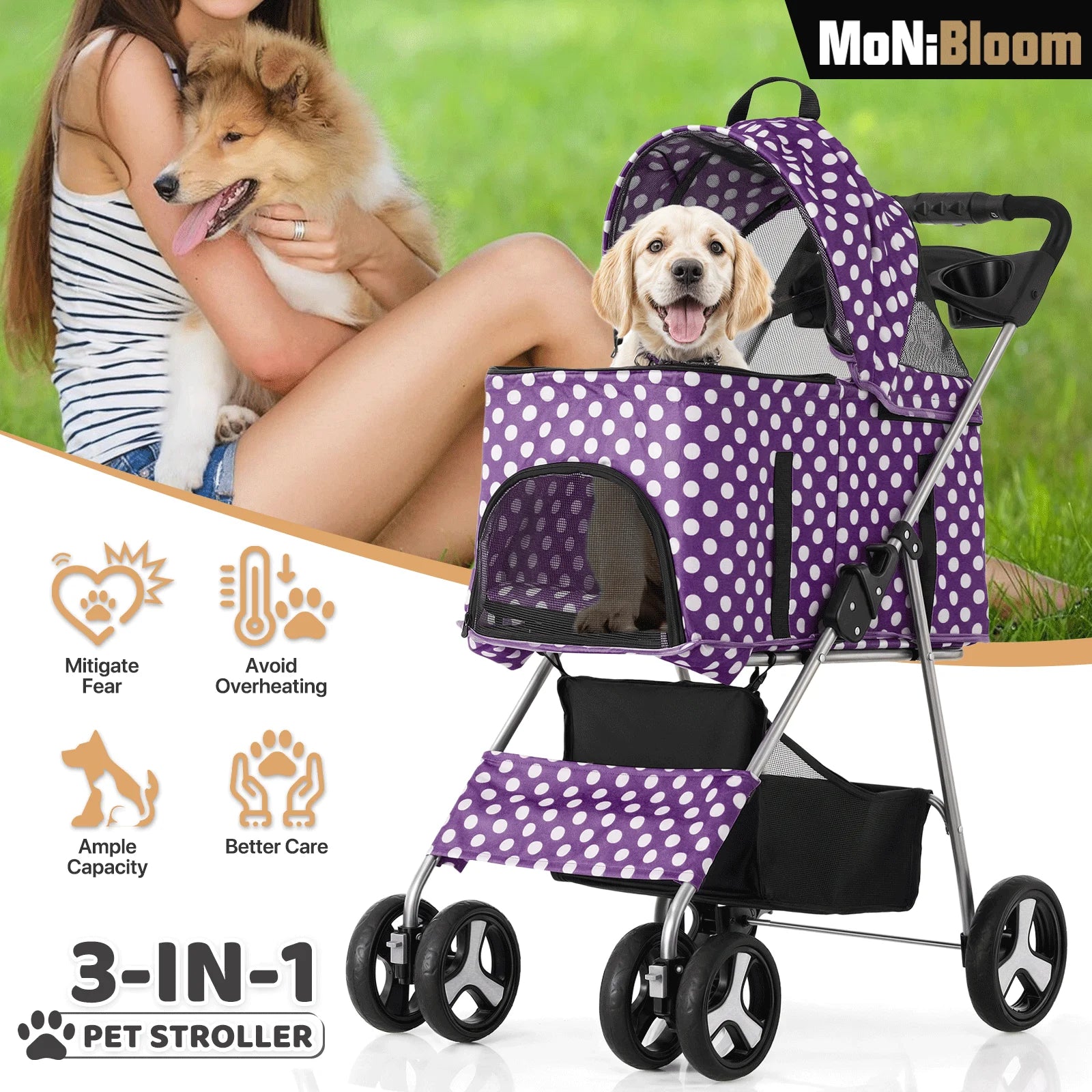 3-in-1 Dog Stroller Foldable Detachable Carrier,
