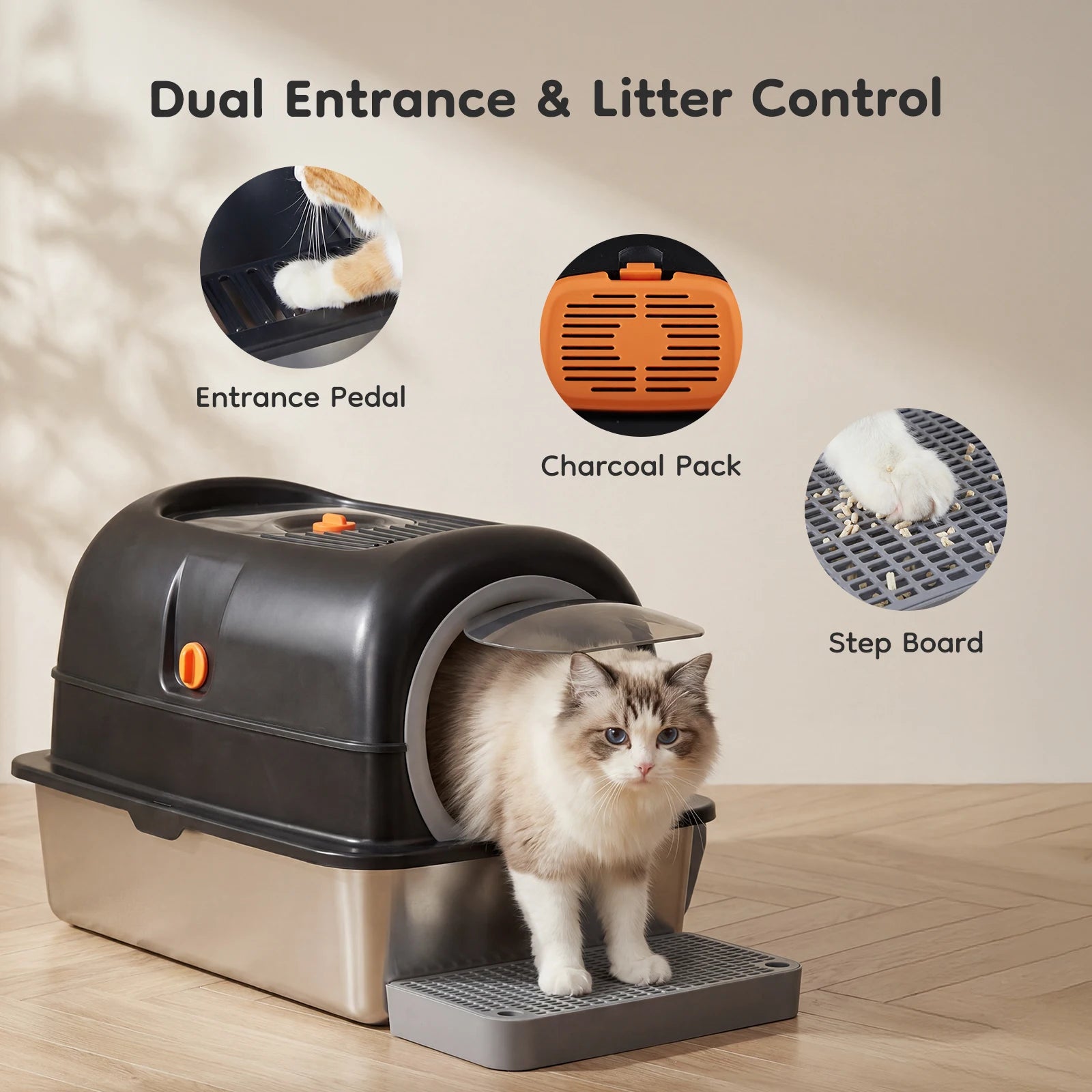 Fully Enclosed JHK 24IN Stainless Steel Cat Litter Box d
