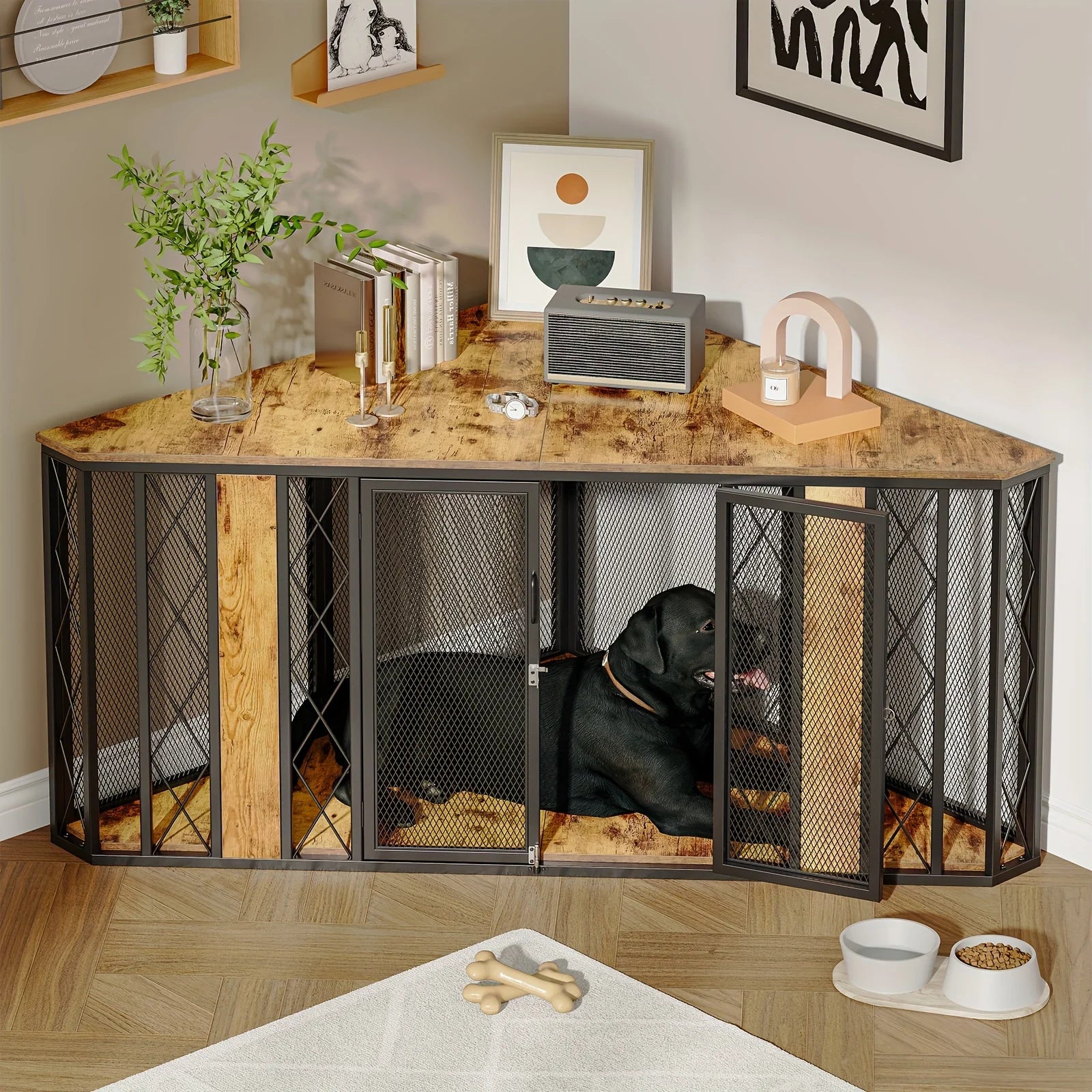 Large Decorative Dog Kennel Furniture, 66-Inch Corner Dog Crate