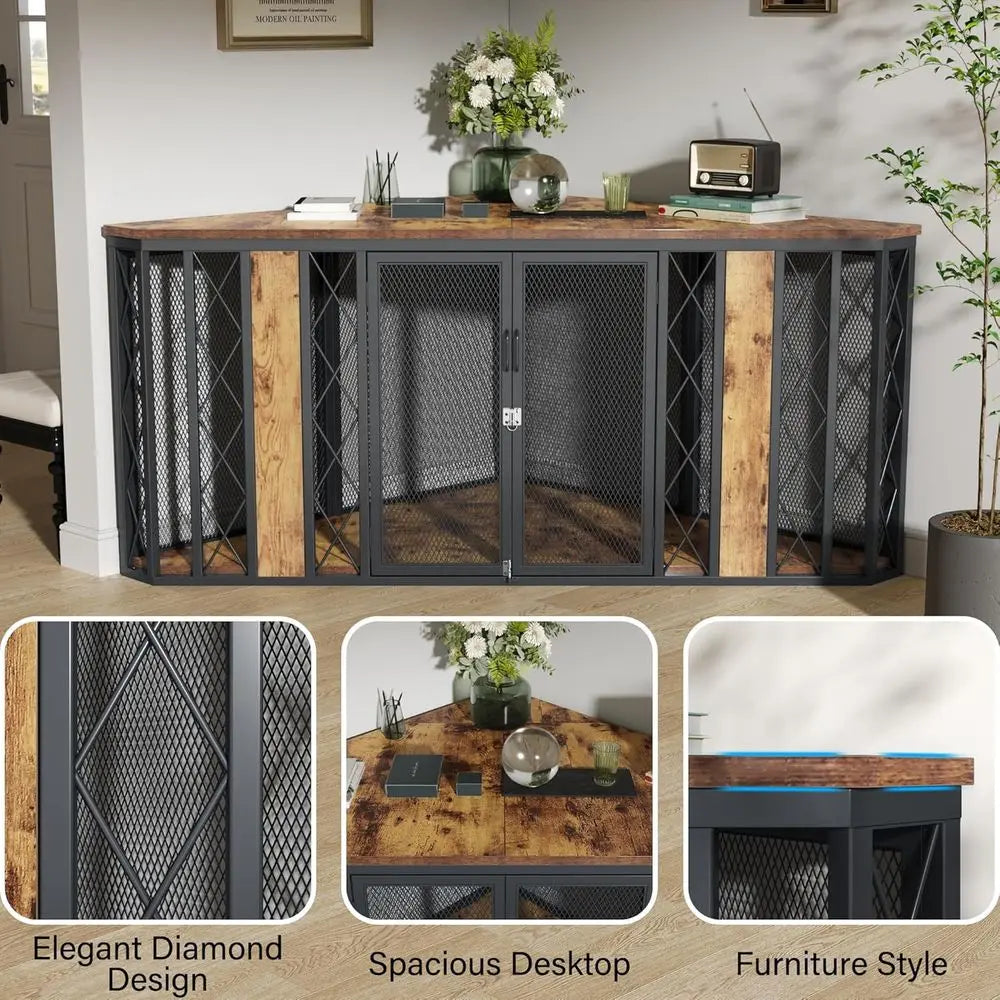 67" Corner Wooden Dog Crate Furniture with Diamond Metal Decoration,