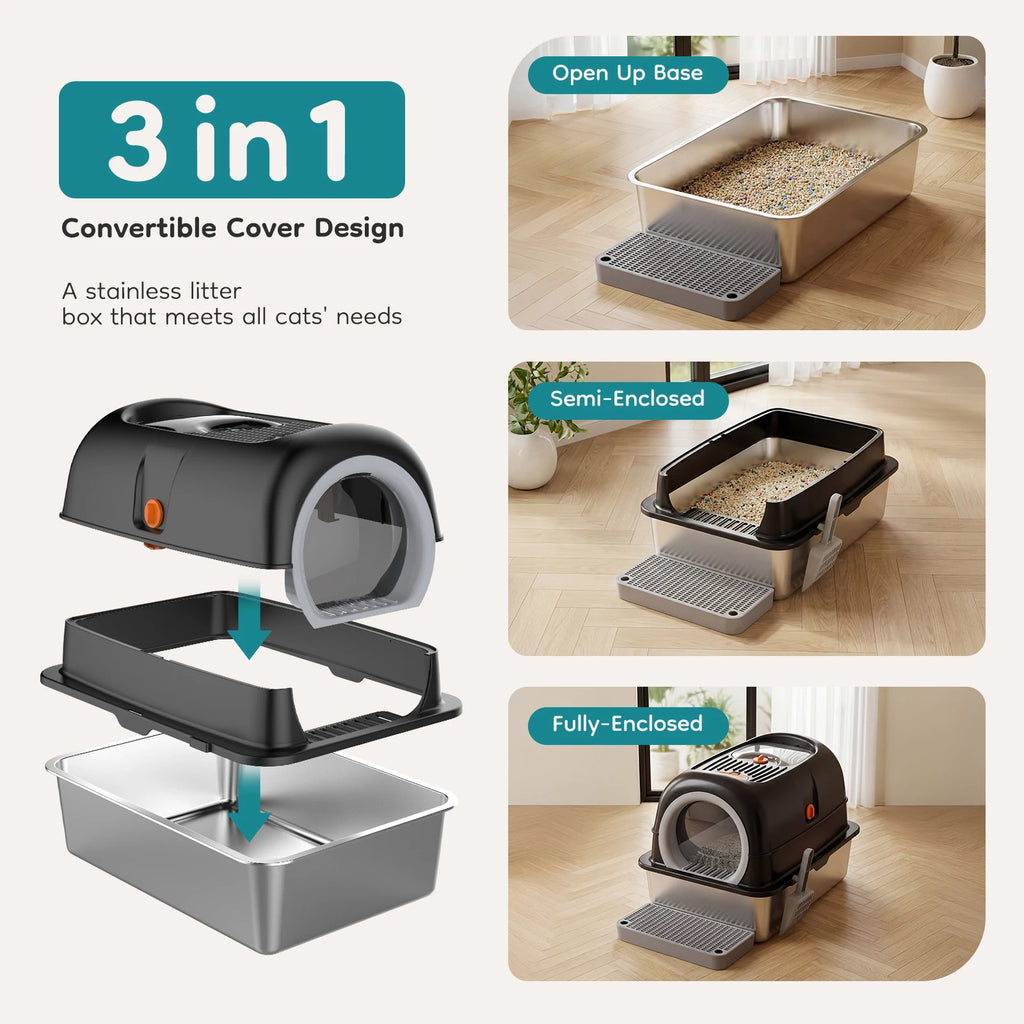 Fully Enclosed JHK 24IN Stainless Steel Cat Litter Box d