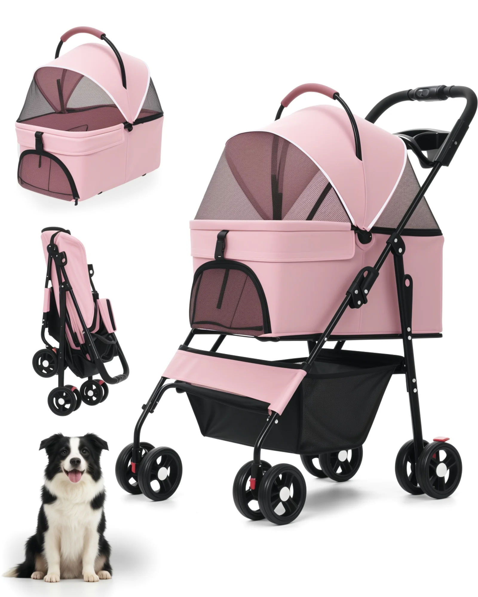 2-in-1 Foldable Pet Stroller with Detachable Carrier