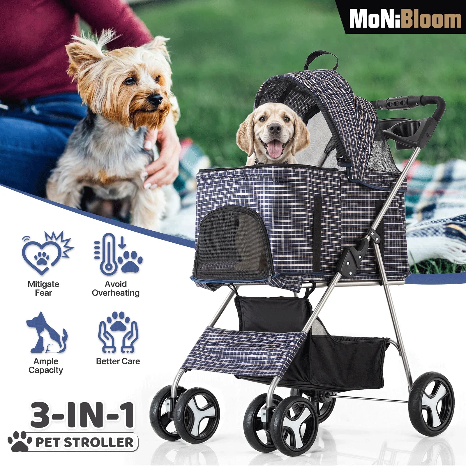 3-in-1 Dog Stroller Foldable Detachable Carrier,